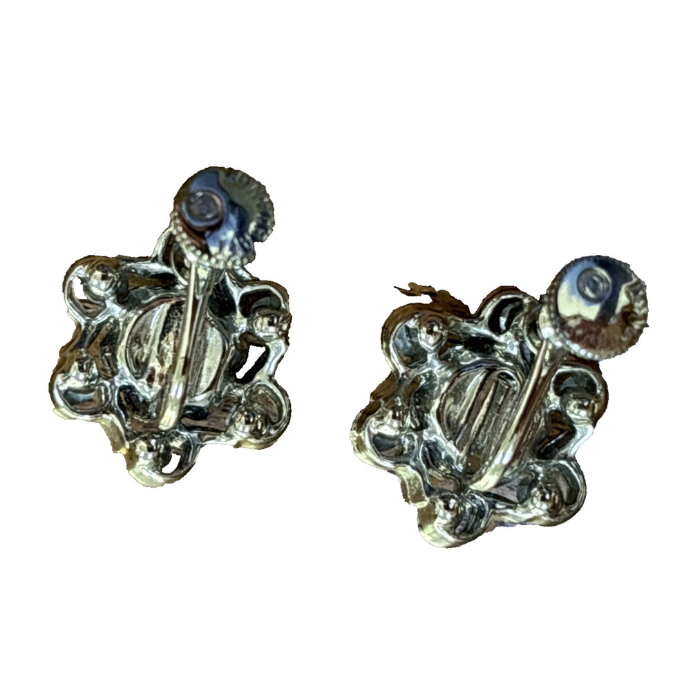 Vintage Longcraft Earrings Silver & Light Blue AB Rhinestones Round Screwbacks - Picture 4 of 6
